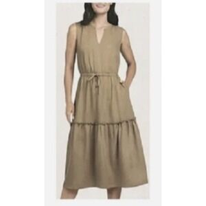 LANDS' END Sleeveless Tiered Midi Dress Size L Tan Khaki Beige Elastic Waist NWT